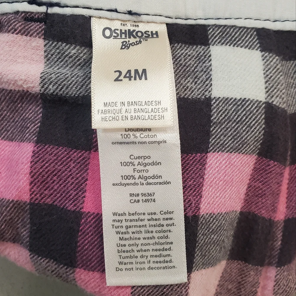OshKosh B'gosh Toddler Girls Plaid Flannel Lined Denim Overalls